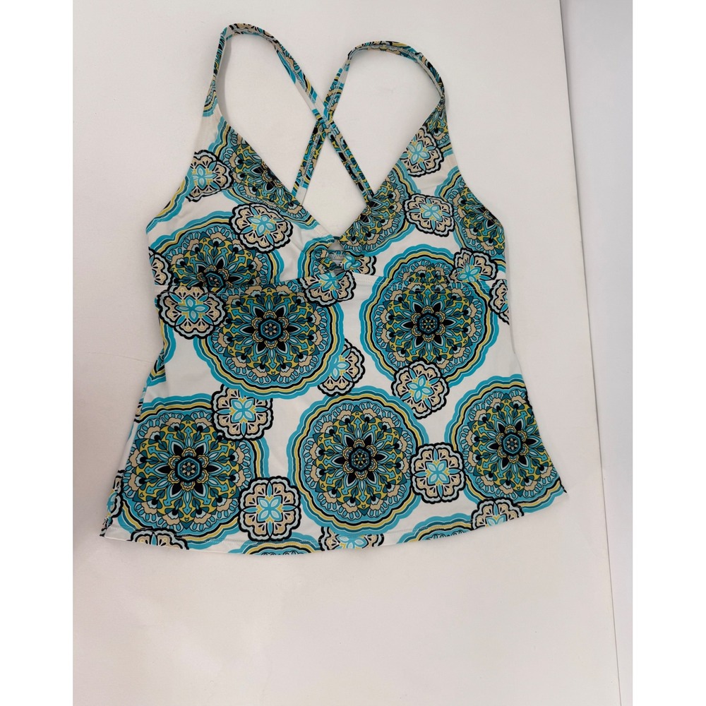 Dana Buchman Womens Blue Yellow Medallion Paisley Cross Back Tankini Top Sz 8